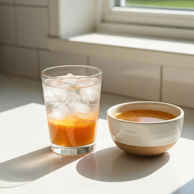 Glass of water with electrolyte powder next to a small bowl of bone broth, set on a clean kitchen counter, bright natural light, no text, no words, no typography, 8K