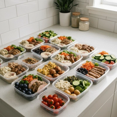 Healthy meal prep containers for intermittent fasting, showing balanced meals for eating window, no text, no words, no typography, clean image
