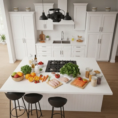 Various healthy foods arranged on a table, representing an eating window