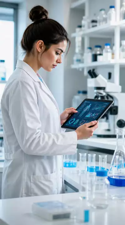 Scientist in a lab coat observing metabolic data on a tablet, with scientific equipment in the background, clean image, no text, no words, no typography, 8K