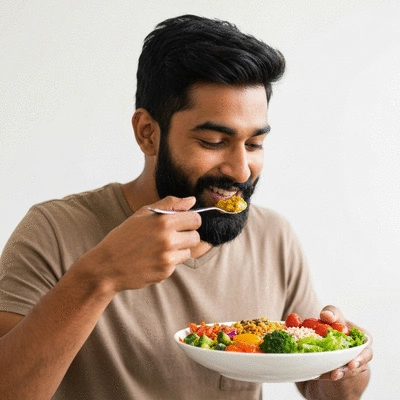 Person enjoying a nutrient-dense whole meal, symbolizing the feeding window, with vibrant healthy food, no text, no words, no typography, clean image