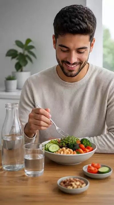 Person enjoying a light, nutritious meal after a fast, with fresh vegetables and water