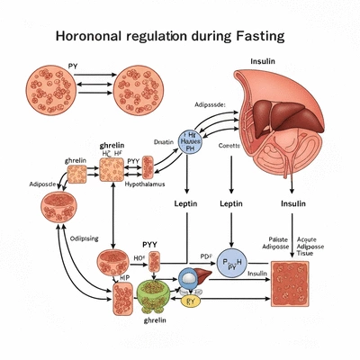 Scientific illustration of hormonal regulation during fasting, showing ghrelin, leptin, PYY, and insulin pathways, no text, no words, no typography, clean image