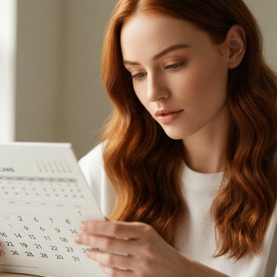 Woman looking thoughtfully at a calendar with a focus on cycle tracking, no text, no words, no typography, clean image
