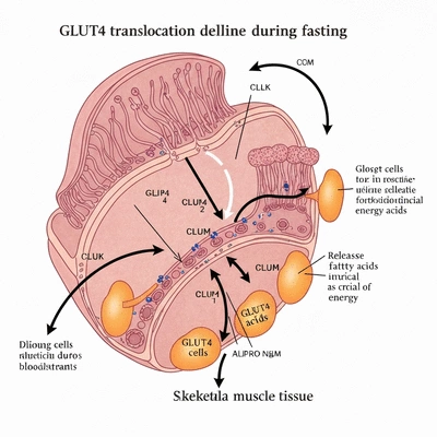 Scientific illustration of GLUT4 translocation decrease during fasting, showing fat cells releasing fatty acids for energy, no text, no words, no typography, clean image