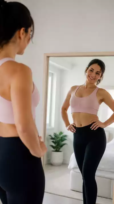Woman happily looking at her reflection in a mirror, noticing changes in her body shape, no text, no words