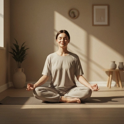 Person meditating calmly in a serene environment, symbolizing stress reduction during fasting