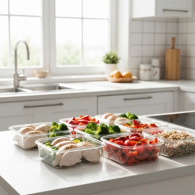 Healthy meal prep containers with various nutrient-dense foods