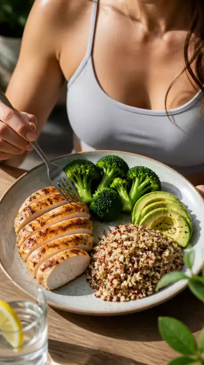 Person enjoying a balanced meal after a fasting period, showing a plate with lean protein, healthy fats, and complex carbohydrates.