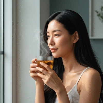 Person enjoying a cup of herbal tea during a fast