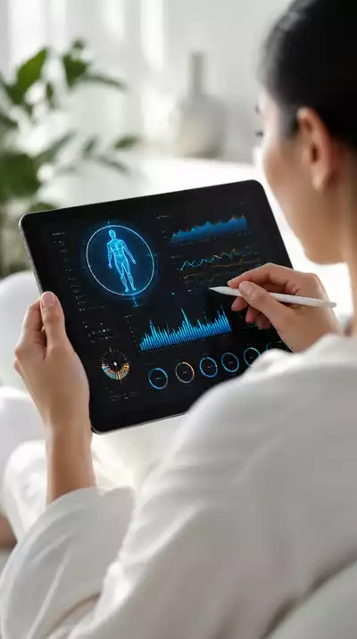 Person analyzing metabolic data on a modern tablet, showing graphs and health metrics