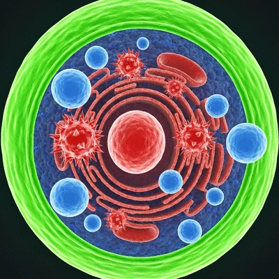 Microscopic view of cells with free radicals and antioxidants in balance
