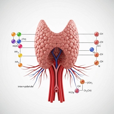 Scientific illustration of thyroid gland and metabolic pathways, clean background, no text, no words, no typography, 8K