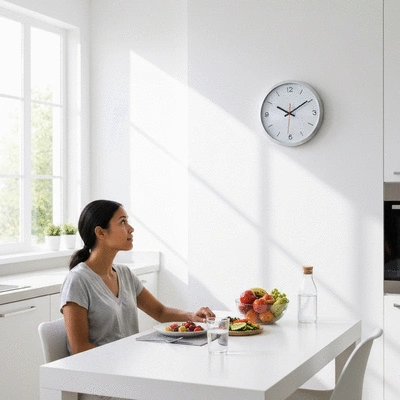 Person looking at a clock while eating a healthy meal, symbolizing time-restricted eating