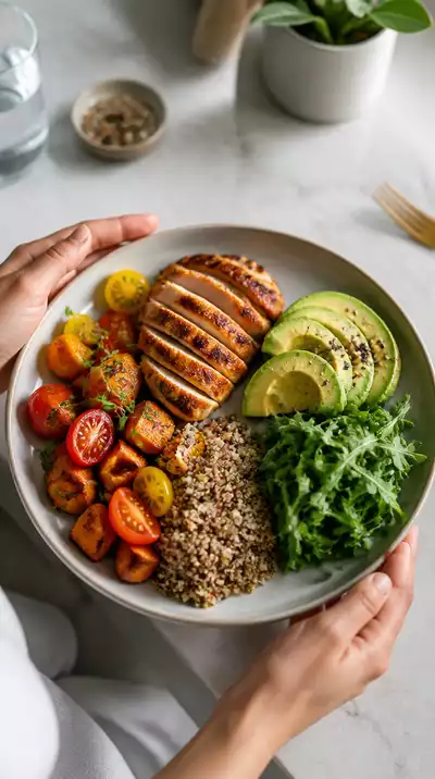 Person enjoying a balanced meal with healthy fats, carbs, and proteins after a fast
