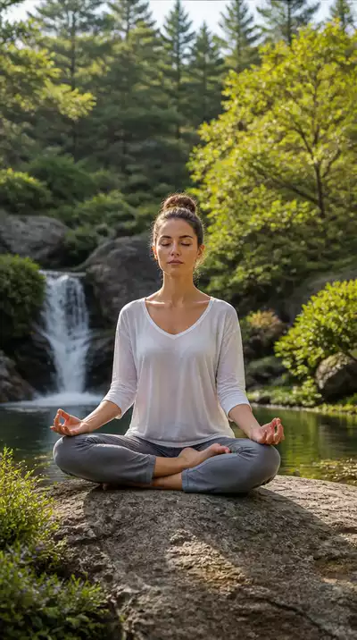 Person meditating in a calm, natural setting, symbolizing stress relief