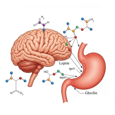 Scientific illustration of leptin and ghrelin molecules interacting with brain and stomach receptors, clean image