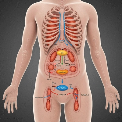 Scientific illustration of a human body in ketosis, showing fat being converted to ketones for energy