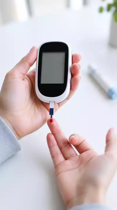 Person using a blood glucose monitor, clean background, no text, no words, no typography
