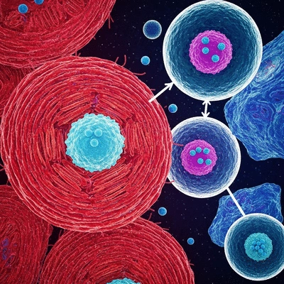 Scientific illustration of cellular repair and autophagy processes, clear and detailed, no text, no words, no typography