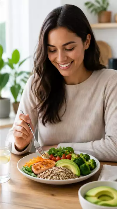 Person enjoying a healthy meal with balanced nutrients