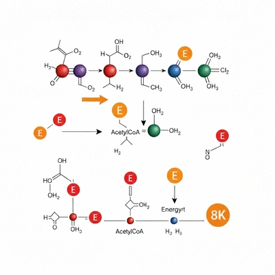 Scientific illustration of fatty acid oxidation pathway, with molecular structures and energy symbols