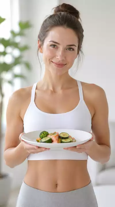 Woman holding a plate with a small, healthy portion of food, representing calorie restriction on fasting days, clean image, no text, no words, no typography