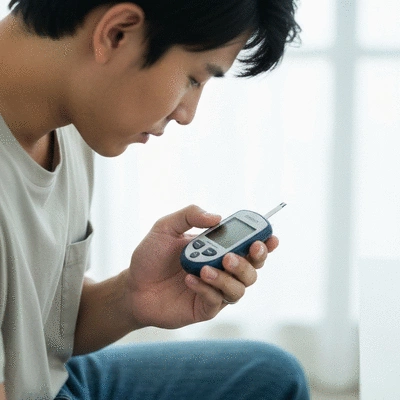 Person monitoring blood sugar levels with a glucose meter, clean environment, no text, no words, no typography