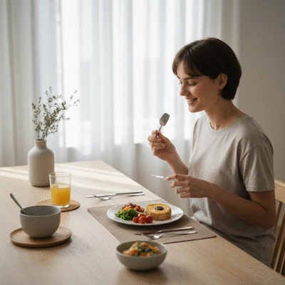 Person enjoying a single, well-balanced meal at a modern dining table