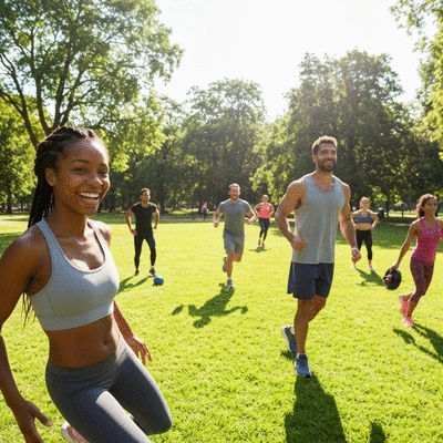 Happy diverse group of people exercising together, symbolizing community support for a healthy lifestyle, no text, no words, no typography, clean image