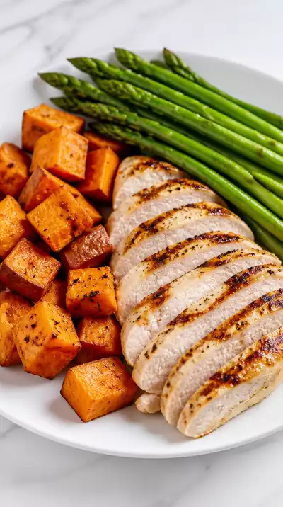 A balanced high-protein meal with grilled chicken, sweet potatoes, and asparagus on a plate, clean image