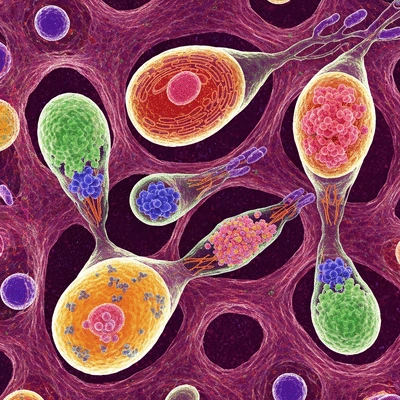 Microscopic view of cells undergoing autophagy, showing damaged components being recycled