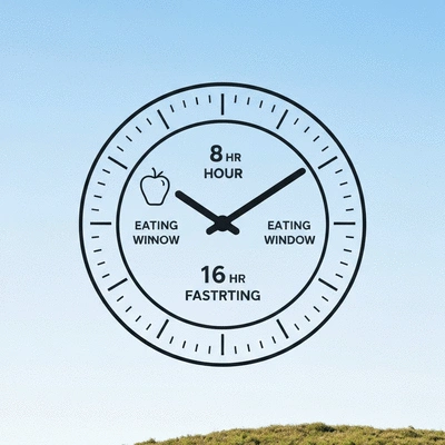 Stylized clock face showing an 8-hour eating window and a 16-hour fasting window, clean design