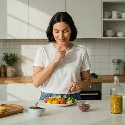 Person choosing healthy foods on a balanced plate, clean image