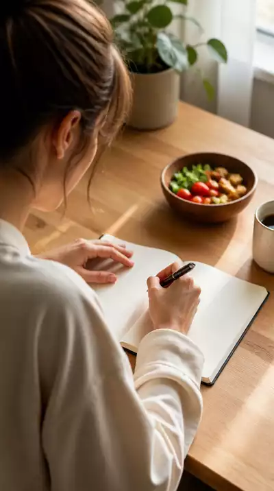 Person journaling about their food habits and feelings