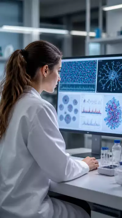 Scientific researcher analyzing metabolic data on a computer, with graphs and charts visible