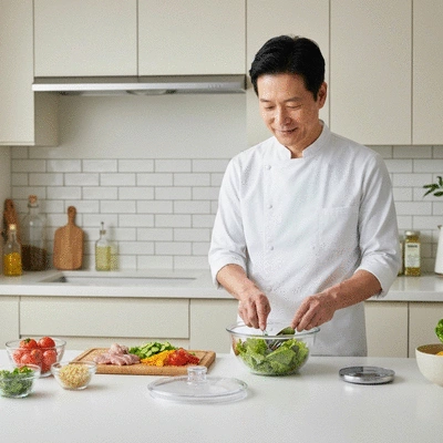 Someone preparing healthy meals in a kitchen, focusing on fresh ingredients and portion control