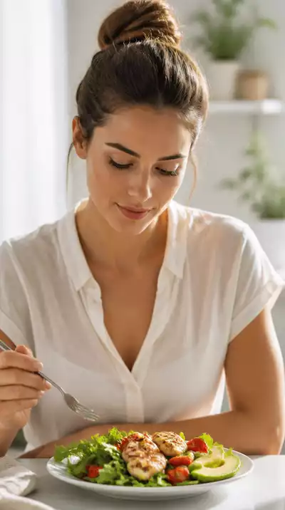 Person looking at a healthy meal with a focused expression, representing mindful eating during a fasting window, no text, no words, no typography, clean image