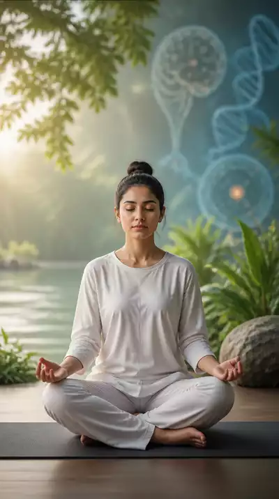 Person meditating calmly, representing stress management during fasting, with subtle scientific elements in background
