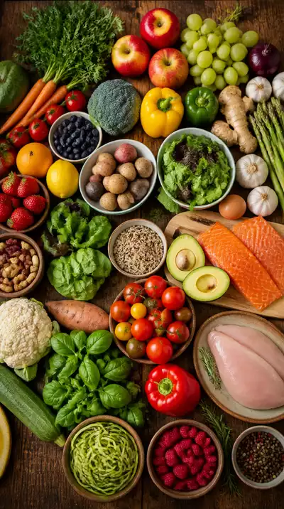 A variety of whole, nutrient-dense foods like fruits, vegetables, and lean proteins arranged on a wooden table, representing refeeding after FMD