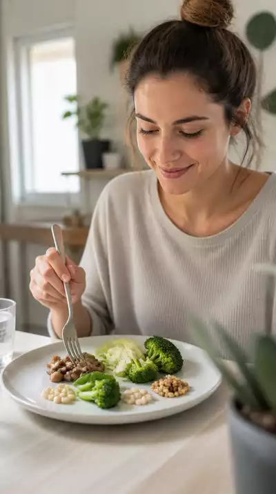 Person enjoying a small, healthy, nutrient-dense meal on a clean plate, representing the Fasting Mimicking Diet