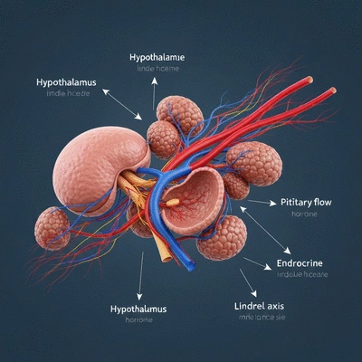 Stylized diagram of the HPA axis showing hypothalamus, pituitary gland, and adrenal glands