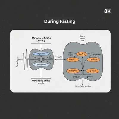 Scientific representation of metabolic shifts during fasting, showing insulin drop and fat oxidation