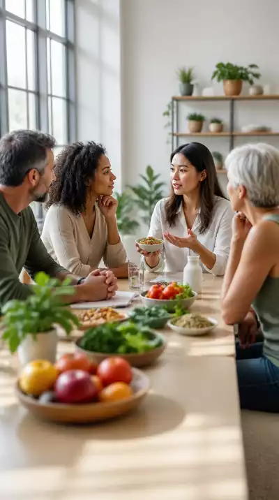 Diverse group of people discussing personalized health and nutrition, with a focus on holistic well-being