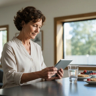 Person reviewing a health checklist on a tablet, with a glass of water and healthy snacks in the background, clean, modern, and bright setting