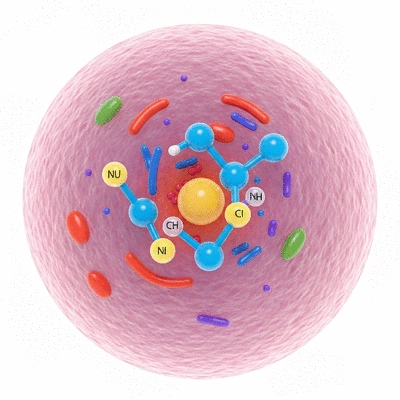 Scientific illustration of insulin and glucose molecules interacting with a cell, representing insulin sensitivity