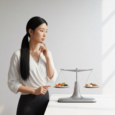 Person thoughtfully choosing between two dietary options on a balanced scale, symbolizing ADF and DCR, clean image, no text