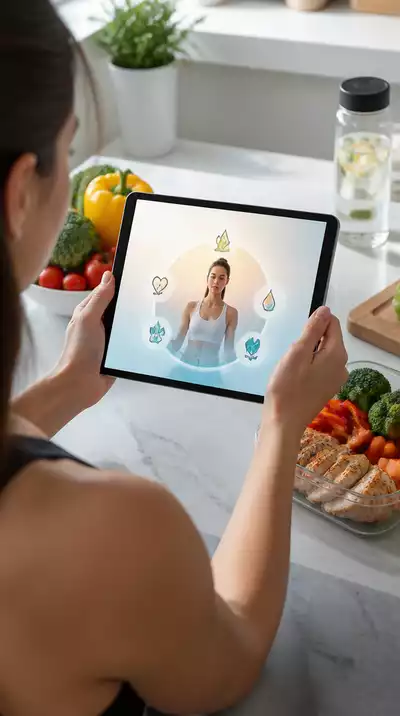 Person reading a digital guide on a tablet about fasting safety, with a healthy meal prep in the background