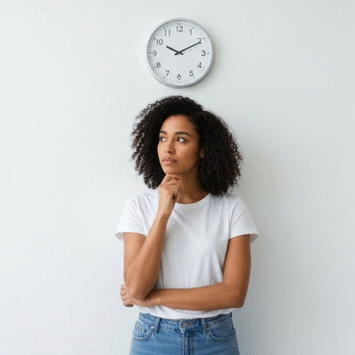 Person looking at a clock, contemplating their eating window