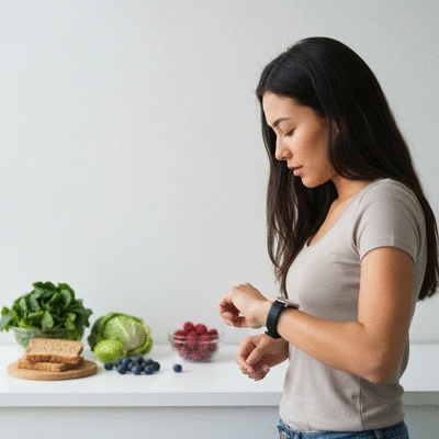Person looking at their watch, symbolizing time-restricted eating, with healthy foods in the background, no text, no words, no typography, clean image